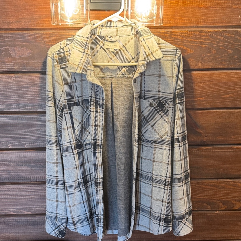 Thread & Supply Plaid Shirt Jacket - Gray and Cream